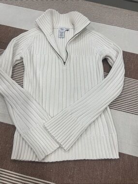 🔥🔥Calvin Klein Jeans Cream Ribbed Quarter-Zip Turtleneck Sweater